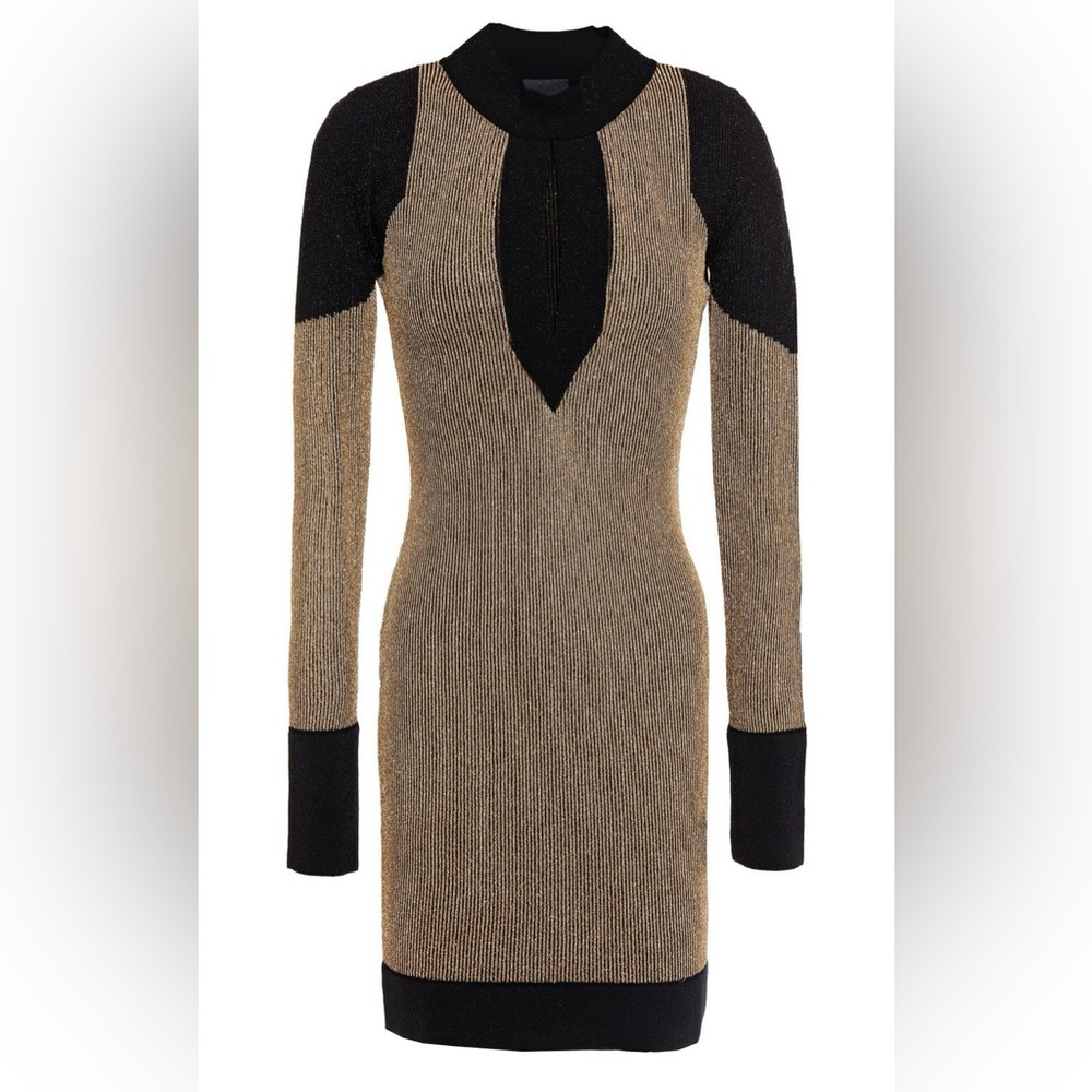 Just Cavalli Long Sleeve Mini Dress in Gold and Black, Size S